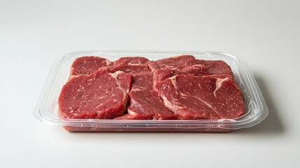 A sealed plastic tray containing raw meat, positioned against a white background, representing fresh food packaging in supermarkets.