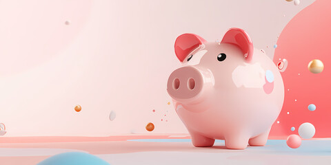 A pink piggy bank stands on a colorful background with small round shapes scattered around it.
