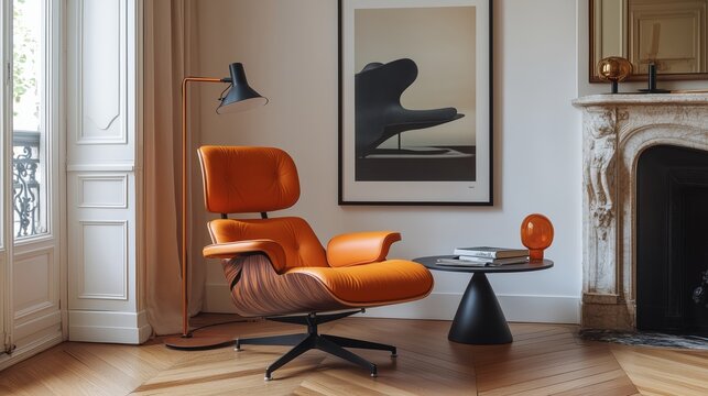 Vitra Panning chair in orange color, on the wall framed poster in the style of Peter Saville, side table with lamp, parquet floor