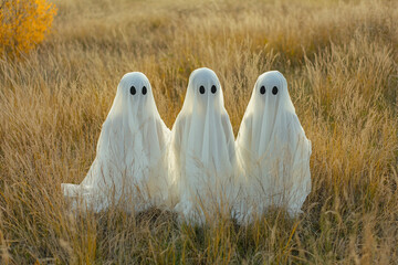 Funny people kids animals wearing halloween ghost costume celebrating, Generative AI