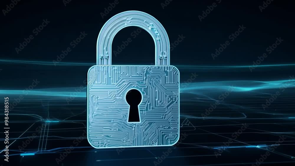 Poster A digital padlock stands in a futuristic environment filled with glowing lines, representing the importance of cybersecurity and data protection in today's technology-driven world.