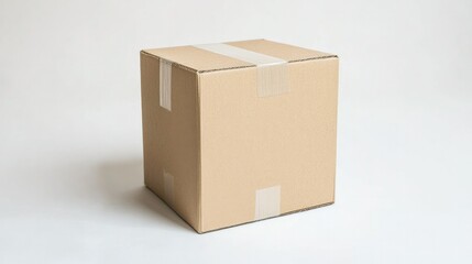 Fototapeta premium A small cardboard box, meticulously sealed with tape, standing alone on a white background, highlighting its simplicity and durability for shipping.