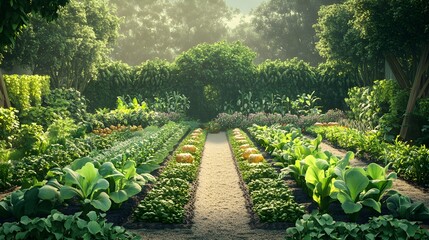 A 3D illustration of an organic vegetable garden with neatly arranged rows of growing plants, showcasing various types of vegetables and lush greenery in a well-maintained garden setting 