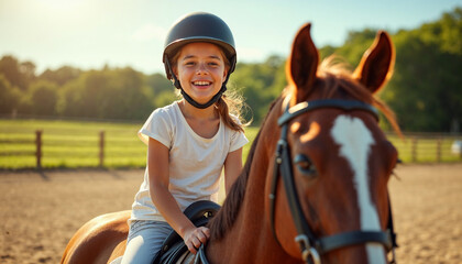 Happy young girl riding a horse in a sunny equestrian arena during her lesson.






