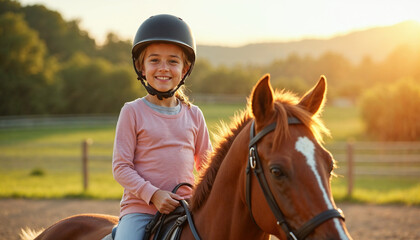 Obraz premium Happy young girl riding a horse in a sunny equestrian arena during her lesson.