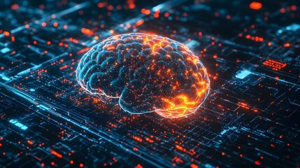 A 3D-rendered digital brain illuminated with vibrant light, with neural networks forming intricate connections around it, set against a dark background filled with technological patterns 