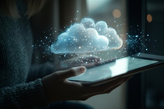 Woman using tablet with cloud computing concept