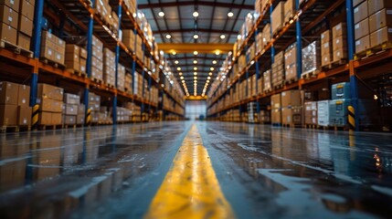 Fototapeta premium An empty warehouse with rows of shelves stretching into the distance