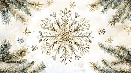 A boho Christmas snowflake illustrated in watercolor with elaborate designs and gentle, neutral hues, displayed against a white background for a clean, artistic look 