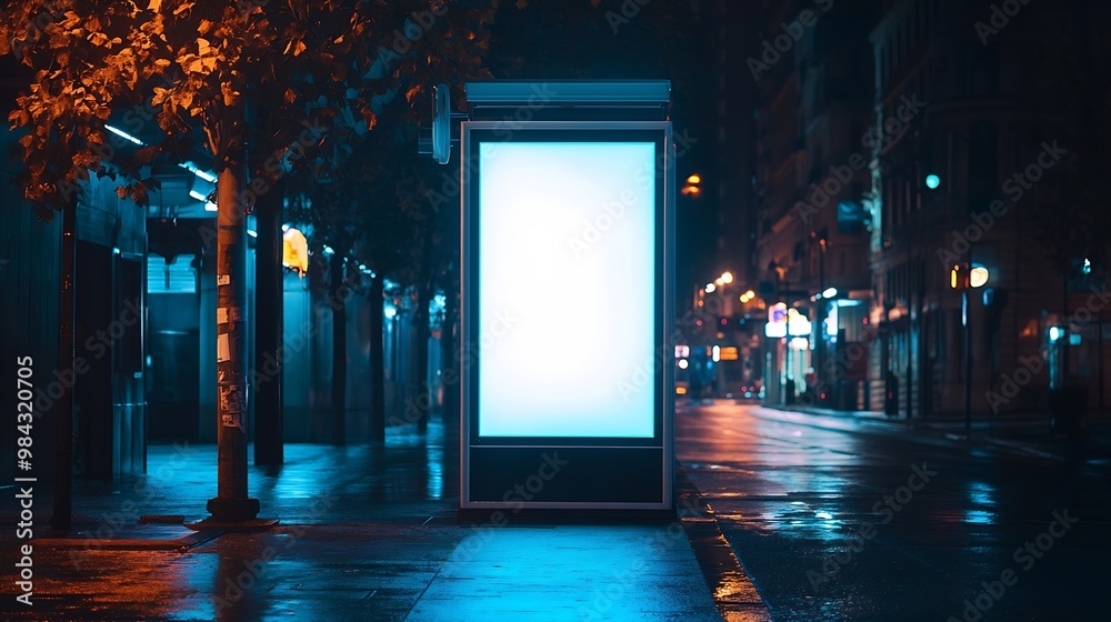 Poster blank white mock up of vertical light box in a bus stop at night : generative ai