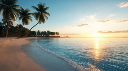 Obraz premium Panoramic view of a tropical beach at dawn, 3D CG rendering, crystal-clear turquoise water, lush palm trees swaying gently, warm soft light enhancing details, photorealistic finish