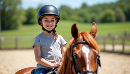 Fototapete Happy young girl riding a horse in a sunny equestrian arena during her lesson.        © abu