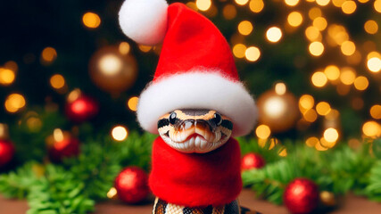 Fototapeta premium Close up of festive snake wearing Santa hat. Christmas and New Year concept