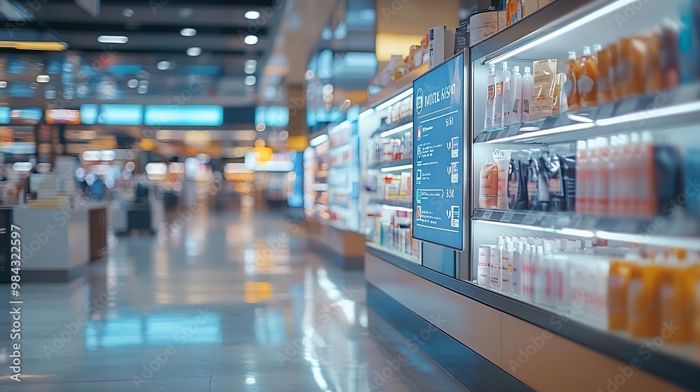 Poster sign and billboard mockup at duty free shop in departure terminal to promote your business or organi