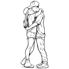 Romantic Couple Hugging Line Art Illustration