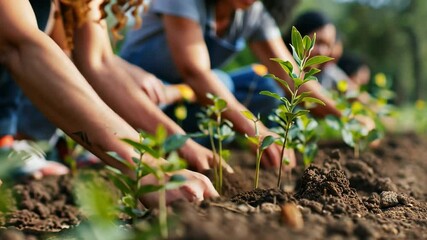 A diverse group of individuals is engaged in planting young seedlings in rich soil, working together in a community garden under bright sunlight, fostering teamwork and environmental stewardship.