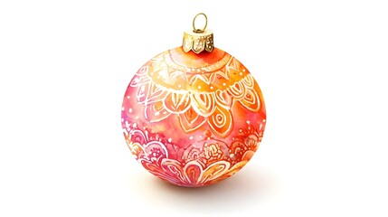 A watercolor illustration of a boho Christmas bauble decorated with intricate mandala patterns, featuring warm tones and isolated on a white background 