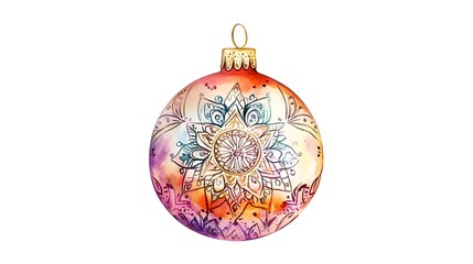 A watercolor illustration of a boho Christmas bauble decorated with intricate mandala patterns, featuring warm tones and isolated on a white background 