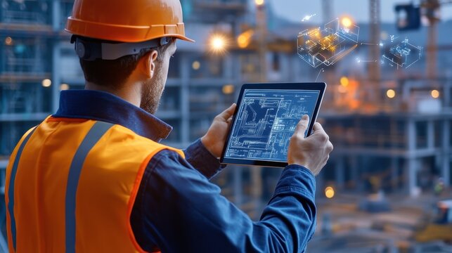 Engineer inspecting a construction site, holding a tablet