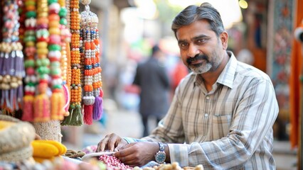 Indian Man at a Market Selling Crafts
