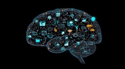 Fototapeta premium Innovation Unleashed: Abstract Human Brain Concept with Digital Swirling Lines and Business Icons for Creative Business Ideas.