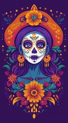 Stylish La Catrina Illustration with Sugar Skull Makeup and Stitched Mouth, Adorned with Orange Marigolds in Purple Tones, Ideal for Halloween and Dia De Los Muertos Mobile Phone Wallpaper