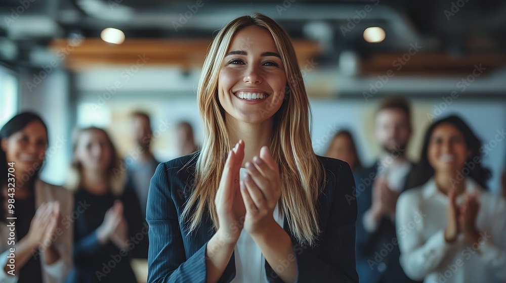Aufkleber group of happy diverse business people applauding to female speaker standing in a circle in meeting 