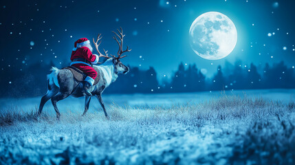 Obraz premium An illustration shows Santa Claus riding a reindeer and picking up a big red gift bag under the full moon. The concept of a festive holiday journey and Merry Christmas. Generative AI.