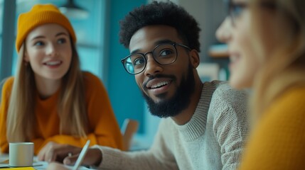Fototapeta premium Cheerful diverse office people group talking and enjoying teamwork during staff meeting and using sales charts Happy multiracial coworkers have fun working together at office brainstor : Generative AI