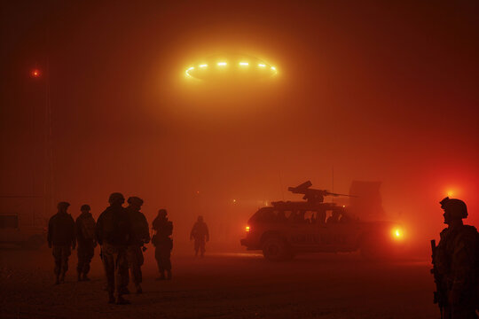 Mysterious ufo encounter and alien abduction with flying saucer generative AI