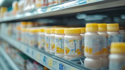 A baby formula display sits empty at supermarket as a result of nationwide baby formula shortage Abstract blur : Generative AI