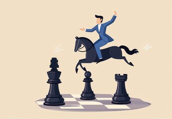 A man in a suit rides a horse over chess pieces, symbolizing strategy and agility in a whimsical, creative design.