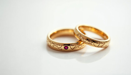 A macro shot captures elegant gold wedding rings on a pristine white background, highlighting their shine.






