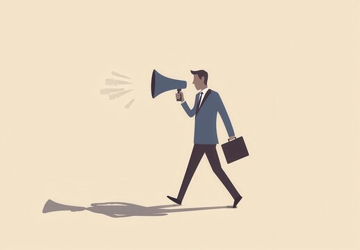 A businessman walks confidently while using a megaphone, symbolizing communication, announcements, and leadership.