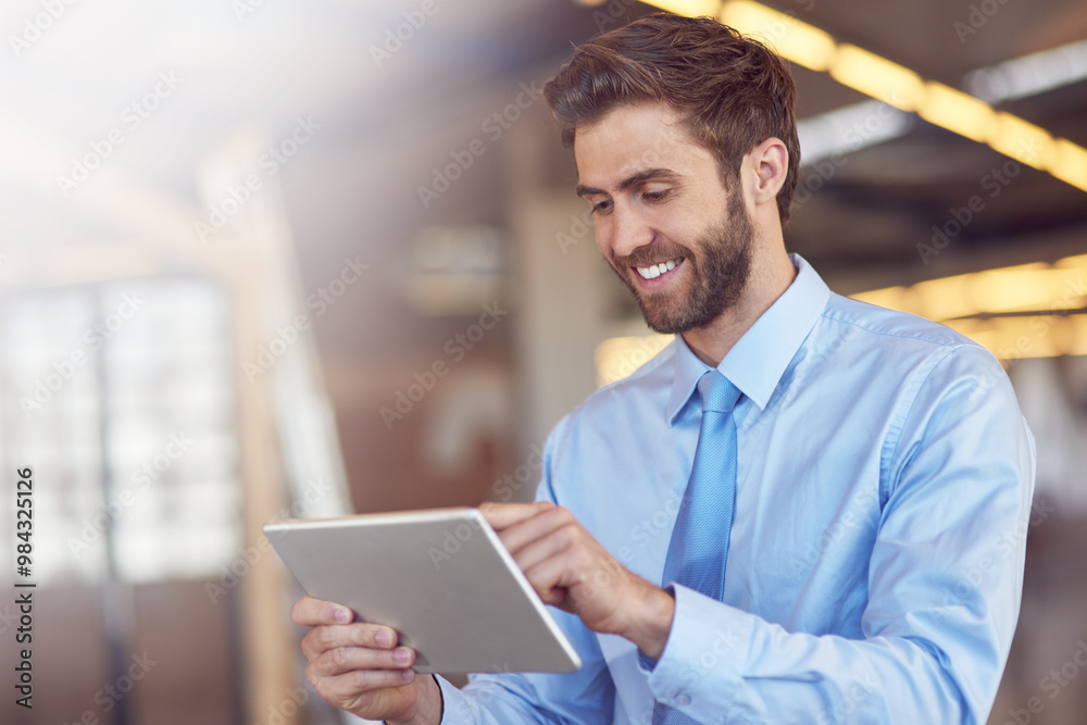 Poster smile, business man and tablet for reading email, profit update or notification for budget report. d