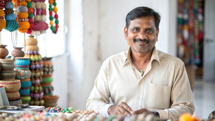 Indian Man at a Market Selling Crafts
