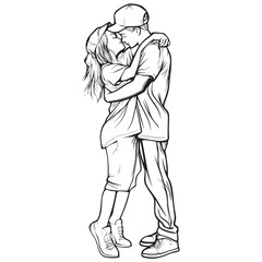 Romantic Couple Hugging Line Art Illustration
