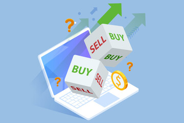 Use dice to decide buy or sell in-stock investments. Unpredictability drives global trading strategies and impacts forecasts for world indices and currencies. Isometric concept