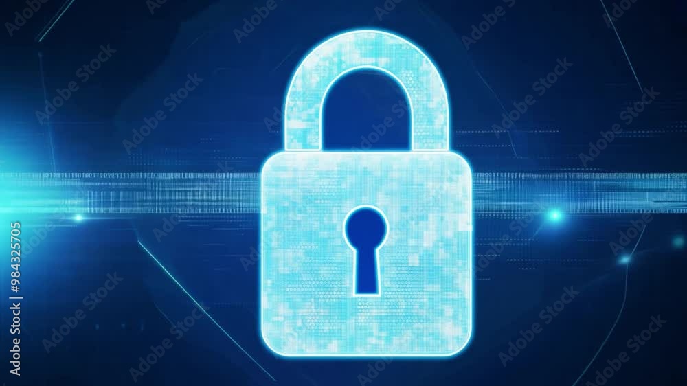 Aufkleber a glowing digital lock symbol represents cybersecurity, surrounded by a dark background and blue lig