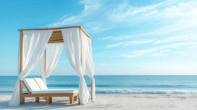 Beach cabana setup with white curtains flowing in the breeze, offering a relaxing oceanfront experience. A serene space perfect for lounging by the sea with warm sunlight.