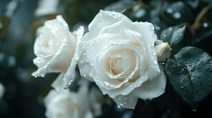 Close-up of dew-covered white roses amidst green leaves, showcasing nature's beauty.