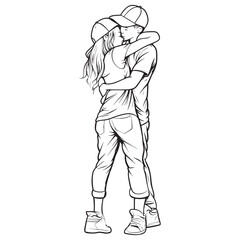 Romantic Couple Hugging Line Art Illustration