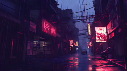 Obraz premium A moody urban alley scene illuminated by neon lights in the rain.