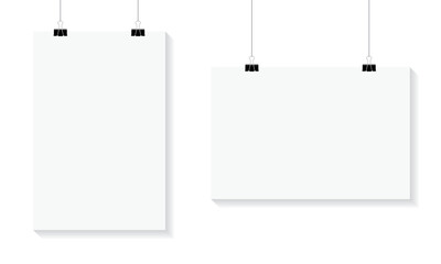Realistic white blank A4 paper poster hanging with clip and rope. White blank posters hanging on binders. Vector mockup