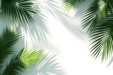 Obraz premium Tropical palm leaves casting soft shadows on a white wall, creating a serene and natural atmosphere.