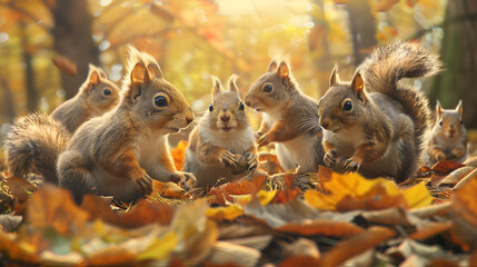 Curious squirrels playing in a forest setting, creating an adorable and lively nature scene, perfect for wildlife photography and animal-themed images of these playful, energetic creatures