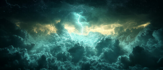 A cinematic view of a dark thunderstorm rolling in over soft, billowing clouds, with flashes of lightning illuminating the sky in the distance.