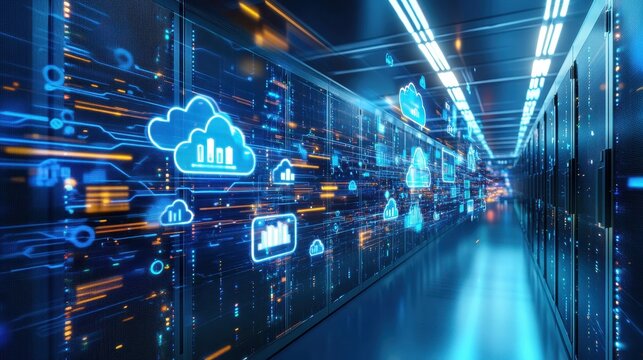 Hybrid cloud computing system managing business data in a high-tech server room, symbolizing future data trends