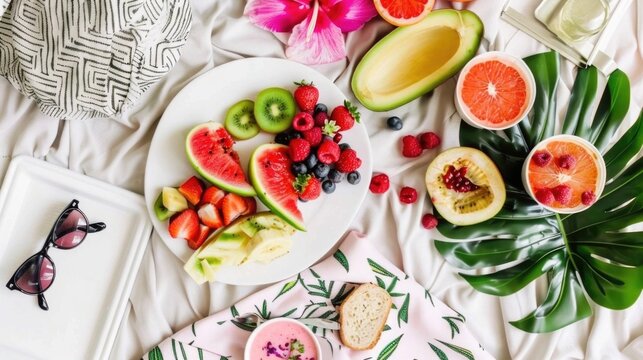 Tropical fruit platter with sunglasses and palm leaves on white beach background