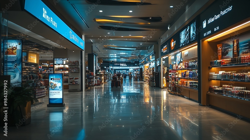 Poster sign and billboard mockup at duty free shop in departure terminal to promote your business or organi